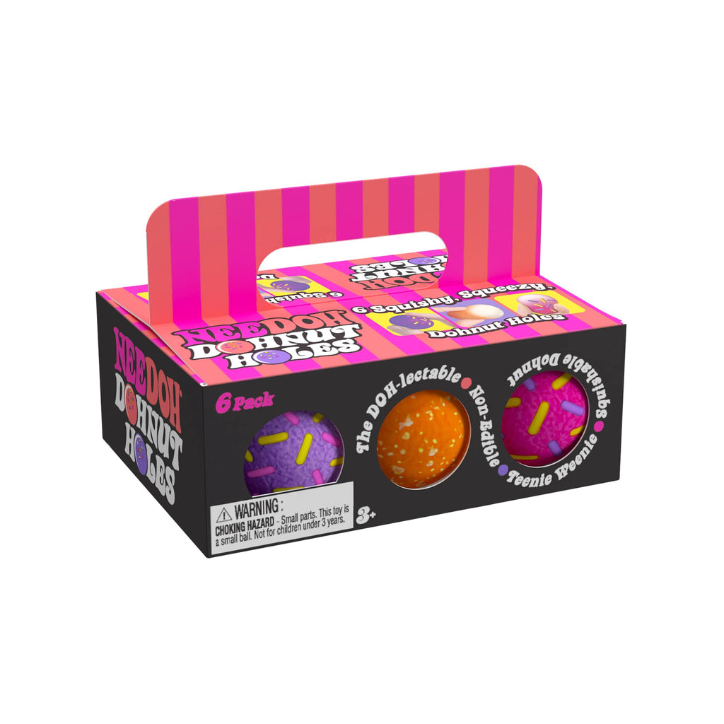 Schylling NeeDoh Dohnut Holes mini stress ball 6 pack in box packaging, front angle.