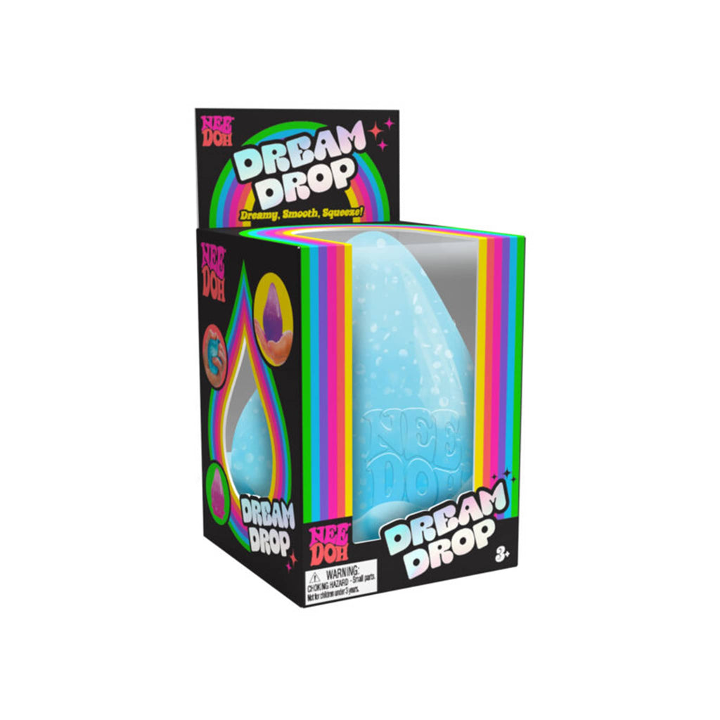 Schylling NeeDoh Dream Drop blue gel filled stress relief ball in box packaging, front view.