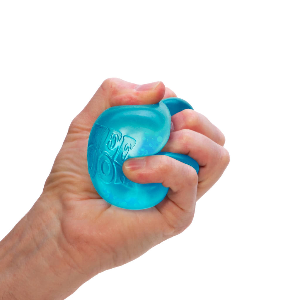 Schylling NeeDoh Dream Drop blue gel filled stress relief ball in hands being squished.