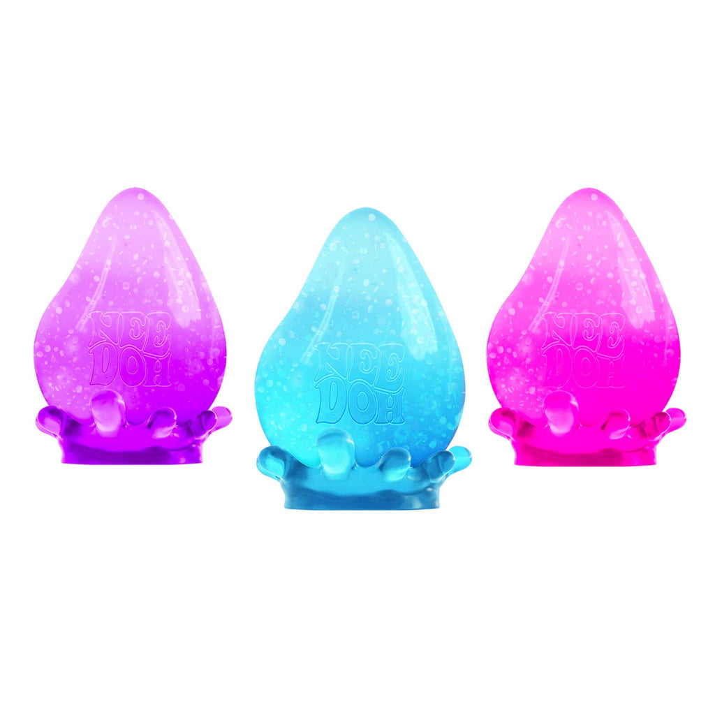 Schylling NeeDoh Dream Drop gel filled stress relief ball in purple, blue and pink.