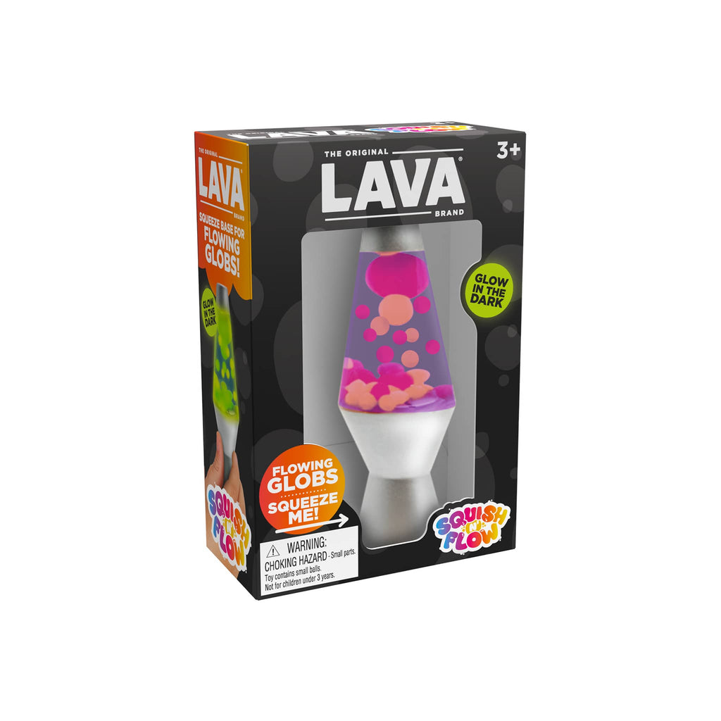 Schylling Lava Squish N' Flow mini lava lamp fidget toy in box packaging, front view.