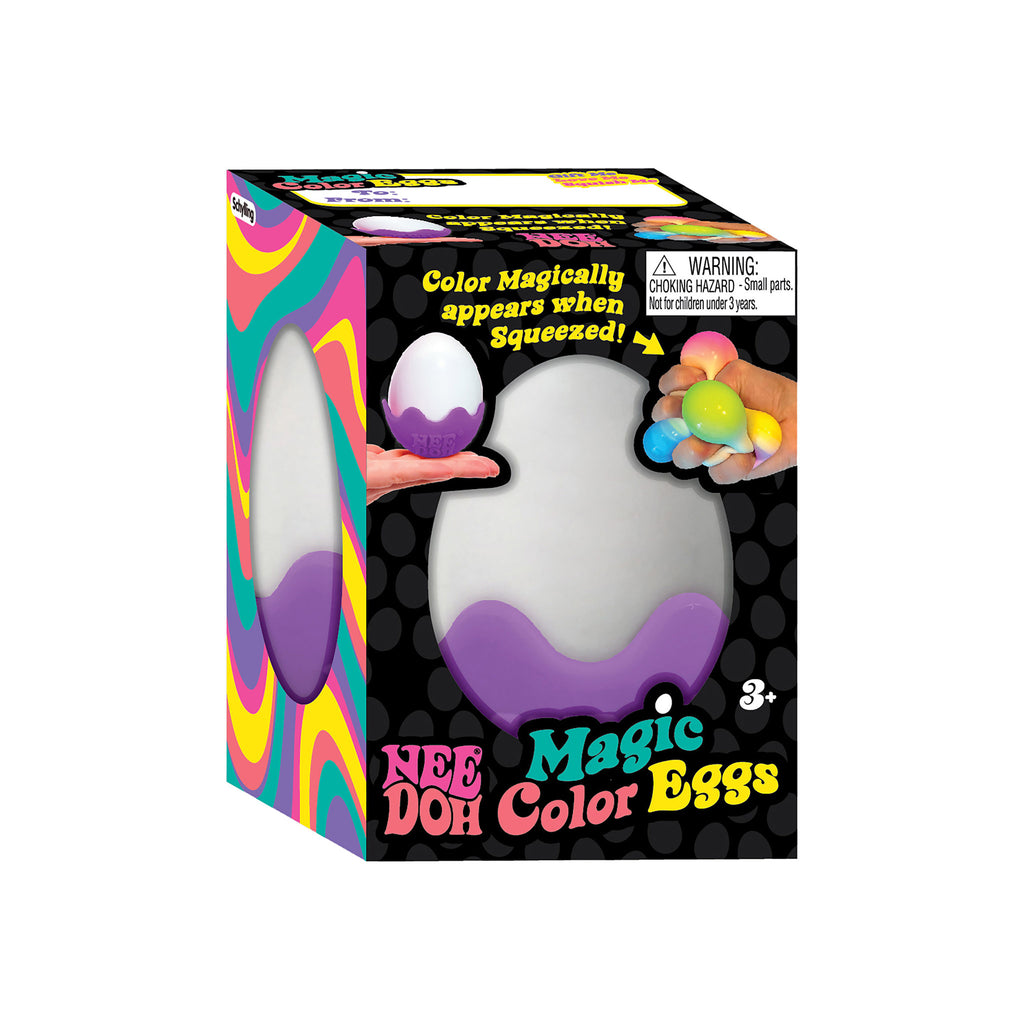 Magic Color Eggs Nee Doh white egg shaped squishy with removable purple shell in black box packaging, front view.