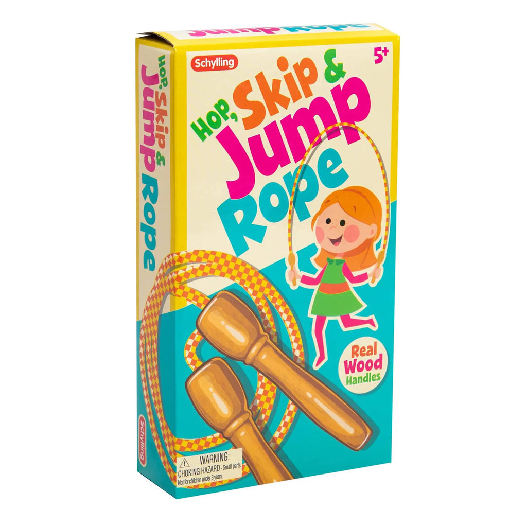 Retro style jump rope in box packaging with illustration of a girl on the front.