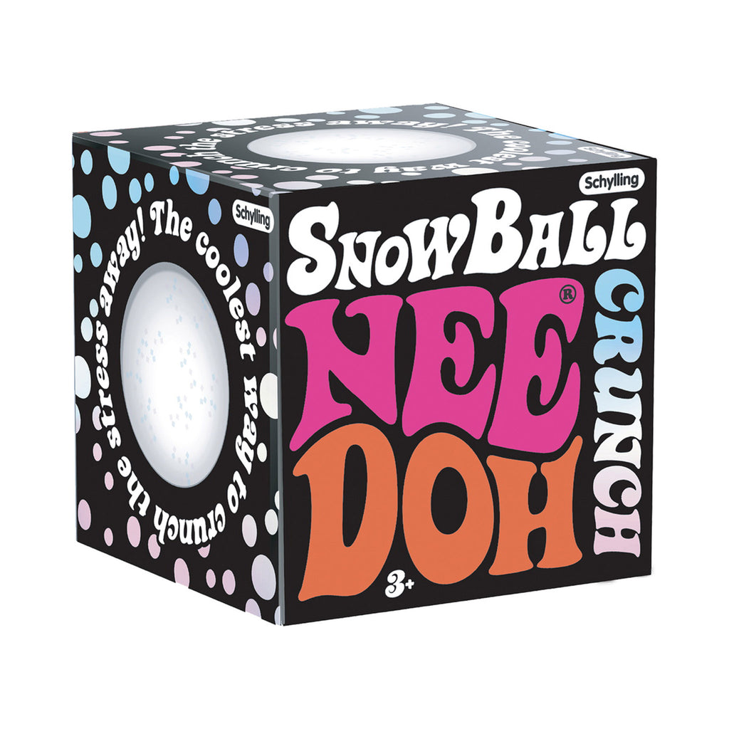 Schylling NeeDoh Snow Ball Crunch fidget toy stress ball in black illustrated box, front and side angle.