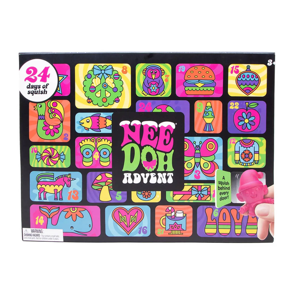 Nee Doh Advent calendar with colorful designs and a small pink toy figure.