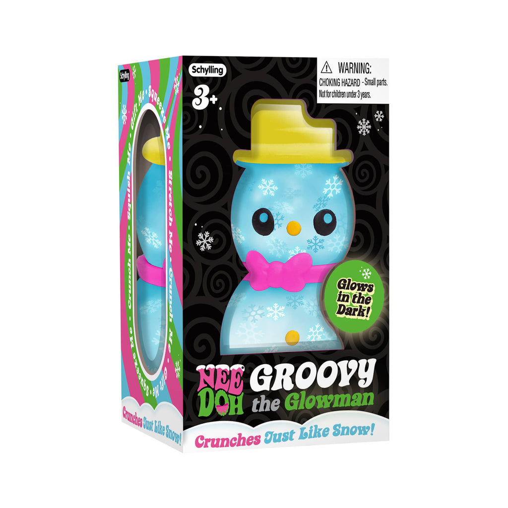 Schylling NeeDoh Squishmas blue Groovy the Glowman in box packaging, front view.