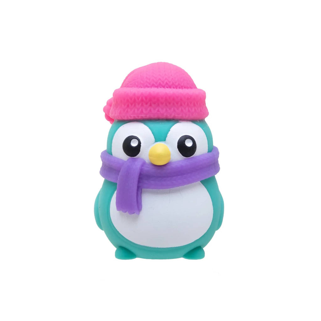 NeeDoh Polar Glow blue penguin with a pink hat and purple scarf on a white background.