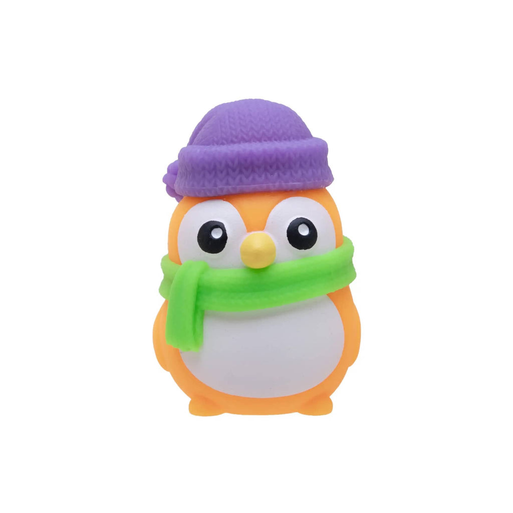 NeeDoh Polar Glow orange penguin with a purple hat and green scarf on a white background.