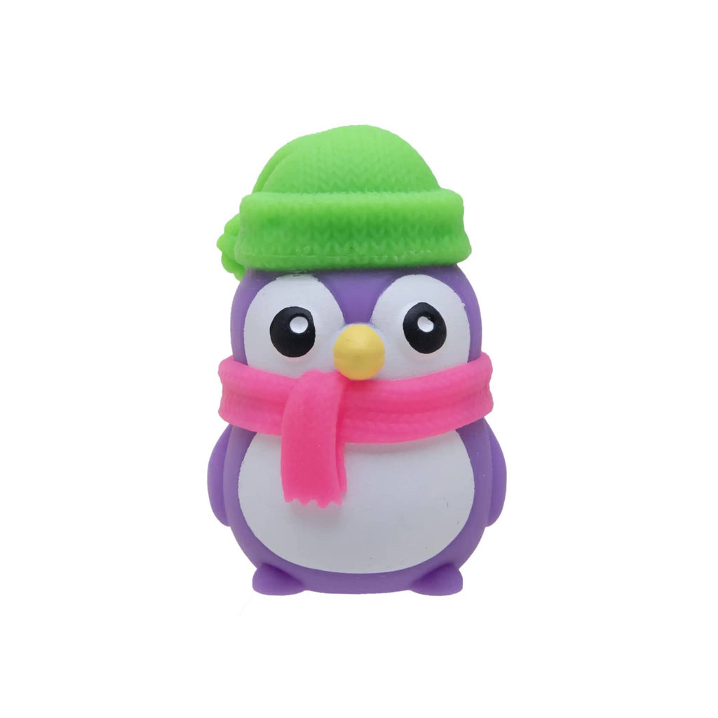 NeeDoh Polar Glow purple penguin with a green hat and pink scarf on a white background.