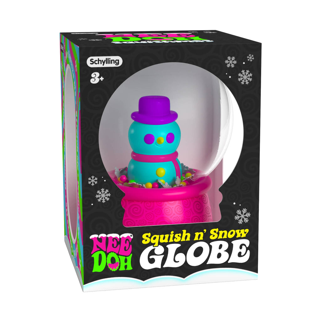 Schylling NeeDoh Squishmas Squish and Snow Globe with snowman in box packaging, front view.