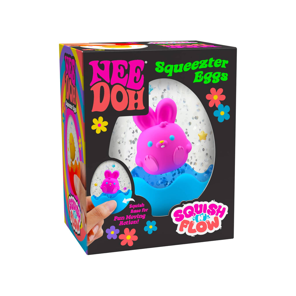 Schylling NeeDoh Squish n Flow Squueezter egg, bunny design in box packaging, front angle view.