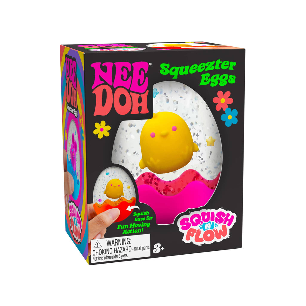 Schylling NeeDoh Squish n Flow Squueezter egg, chick design in box packaging, front angle view.