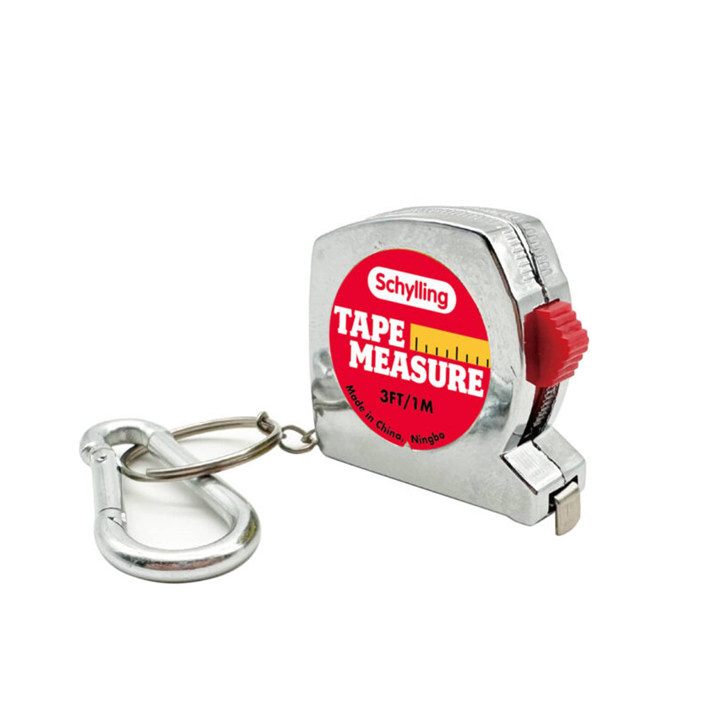 Schylling Mini Tape Measure with keyring and carabiner, front angle.