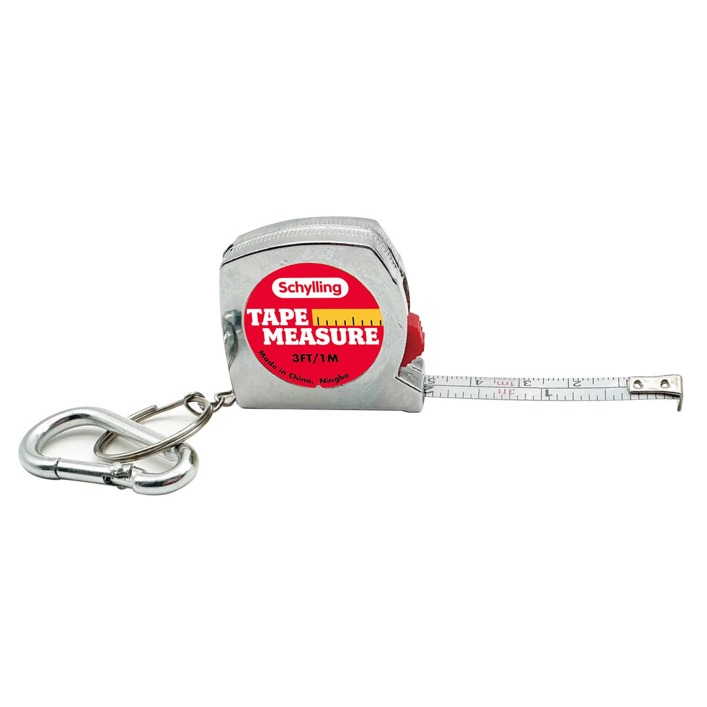 Schylling Mini Tape Measure with keyring and carabiner, front with tape coming out.