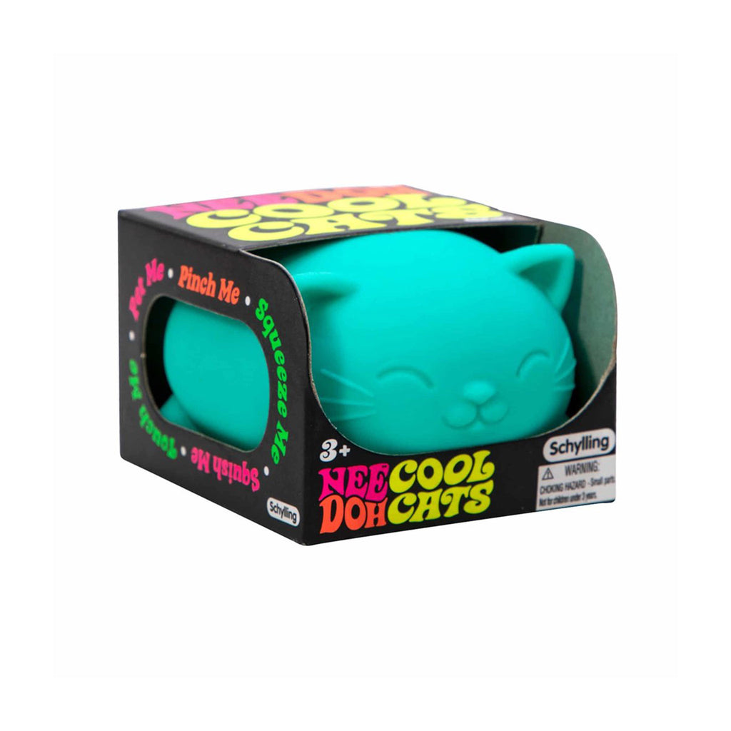 Schylling Nee Doh Cool Cats stress relieving cat fidget toy in teal in box packaging.