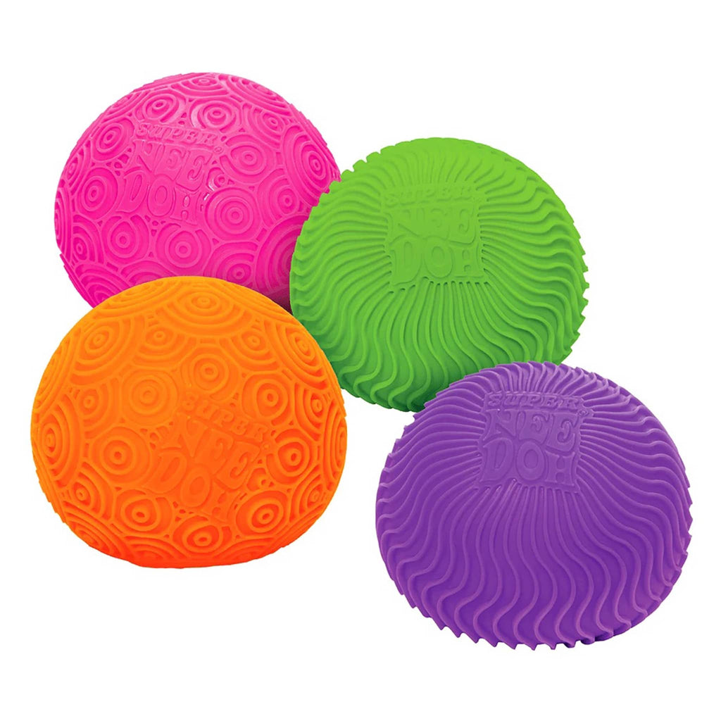 Schylling Super Needoh Ripples stress relieving large round fidget toy in pink, green, orange and purple with 2 different ripple patterns.