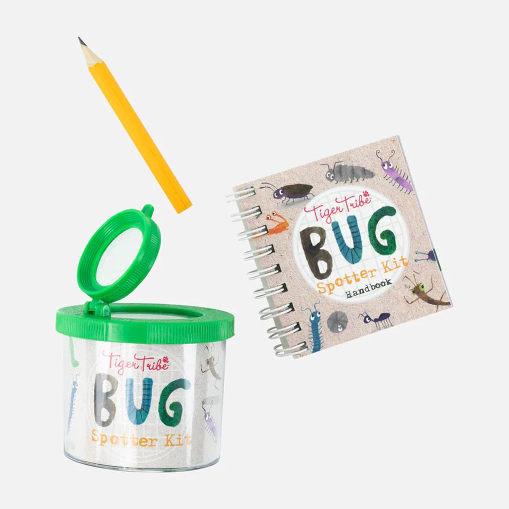 Schylling Tiger Tribe Bug Spotter Kit contents including mini pencil, guidebook and clear plastic container.