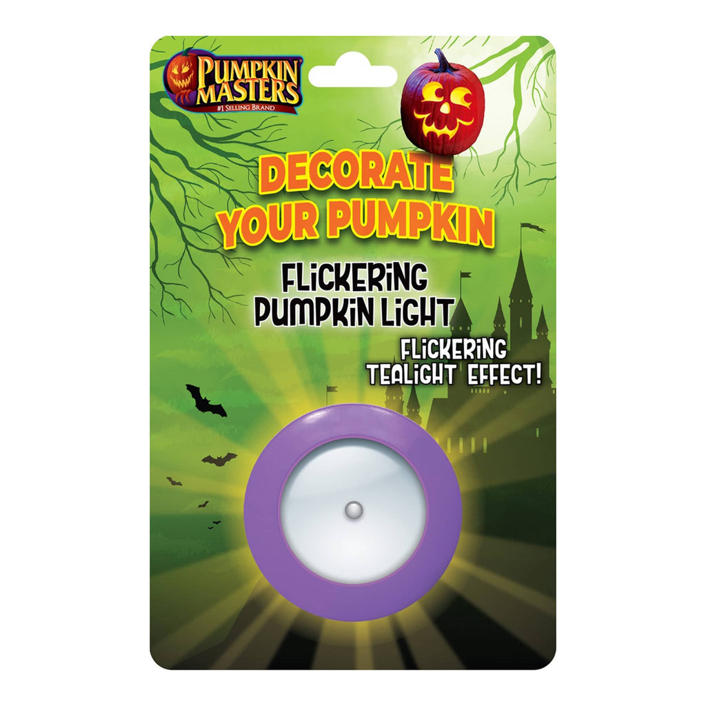 Pumpkin Masters flickering pumpkin tealight packaging with Halloween-themed design.