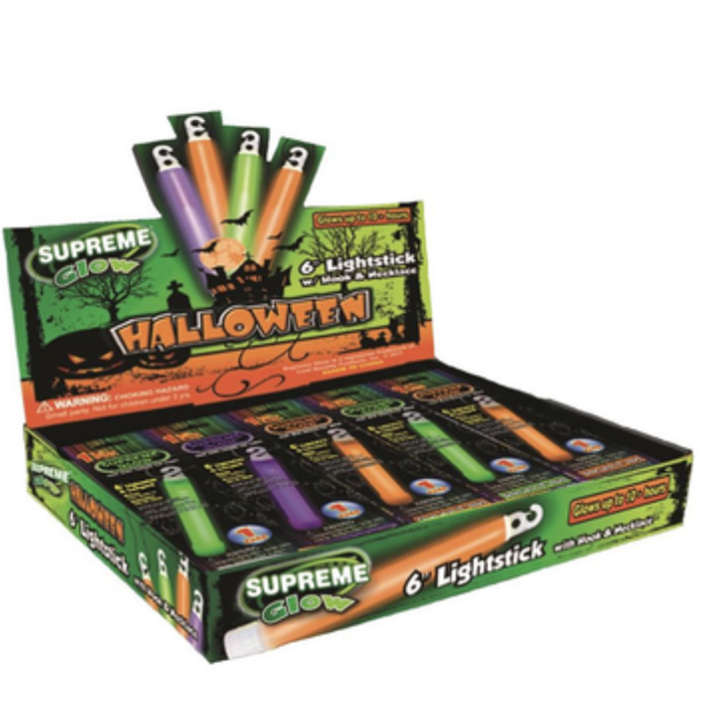 Box of Halloween-themed lightsticks with colorful packaging.