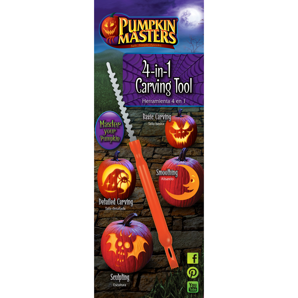 Pumpkin Masters 4-in-1 carving tool packaging with pumpkins and a moonlit sky.