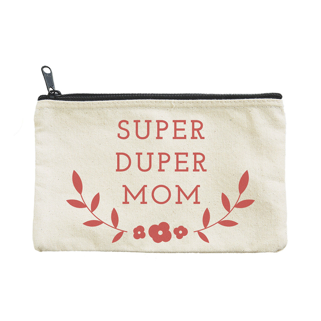 Seltzer Goods canvas zip pouch, front view with "super duper mom" and floral motif in red-orange screenprint.