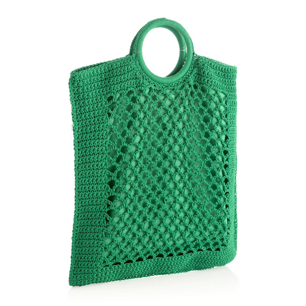 Shiraleah Jezabelle woven cotton net bag with double round handles in green, front angle view.