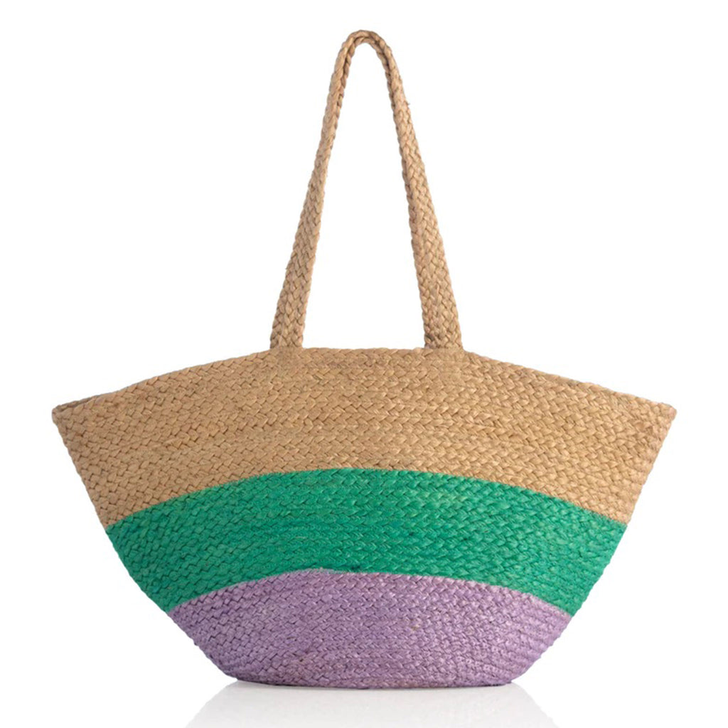 Shiraleah Liza Tote Bag with double shoulder straps and and a wide stripe of lilac and teal green on natural woven jute.