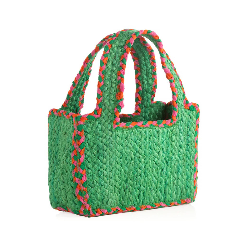 Shiraleah Liv Small Green Woven Tote with pink and orange braided seams, front angle.