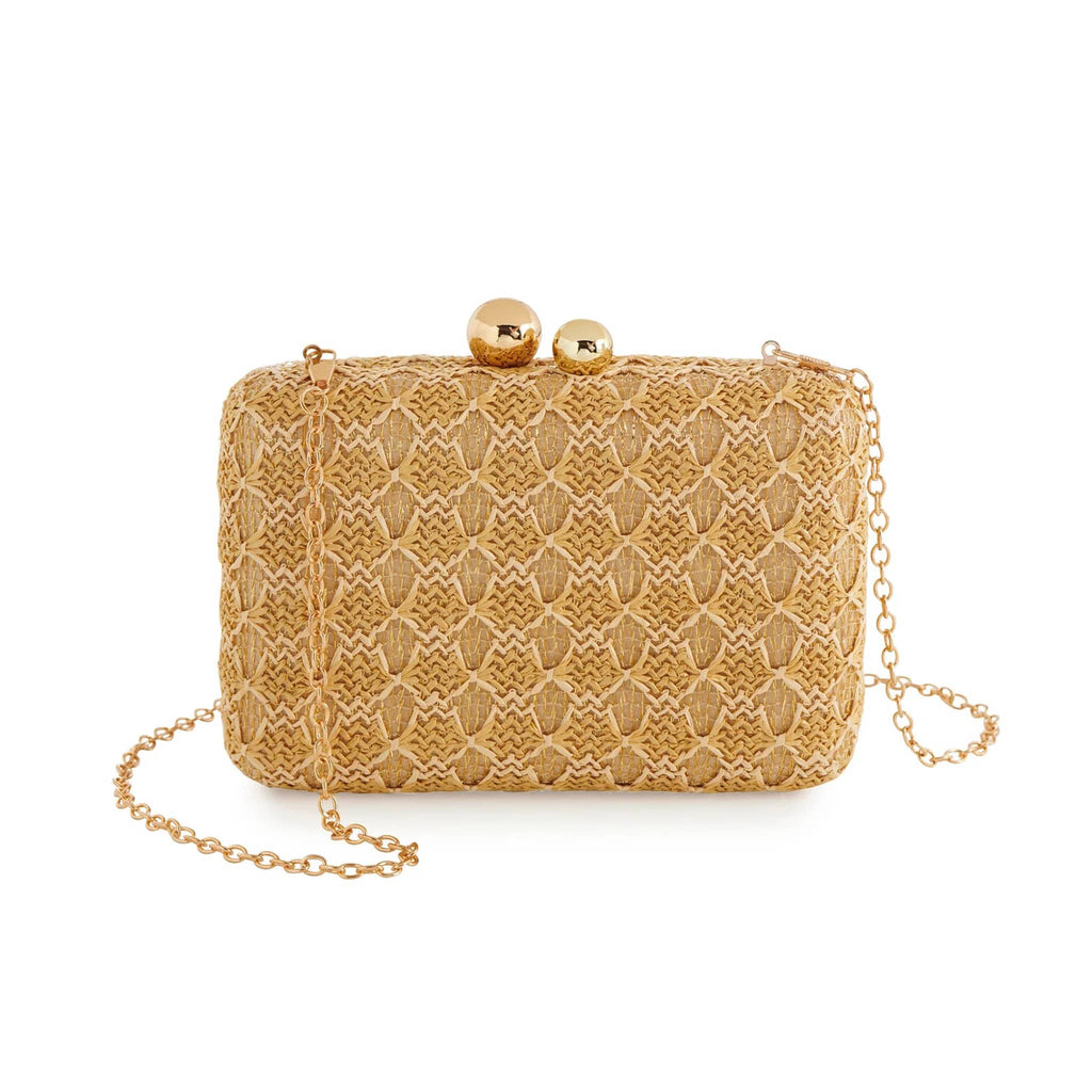 Shiraleah Jazz Minaudiere in natural, front view with gold tone chain.