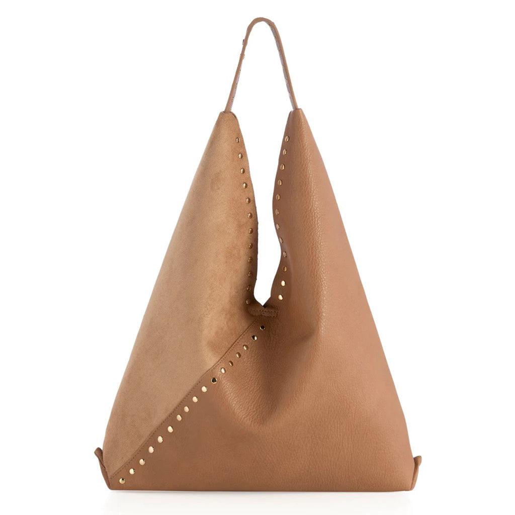 Shiraleah ryker hobo in tan pebbled and suede faux leather with gold studs.