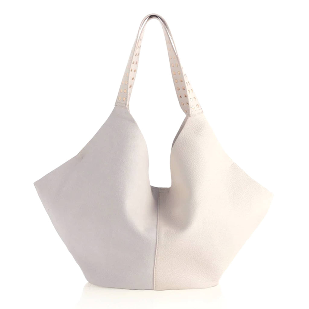 Shiraleah Ryker Tote in ivory sueded and pebble grain pleather bag with gold studded shoulder straps.