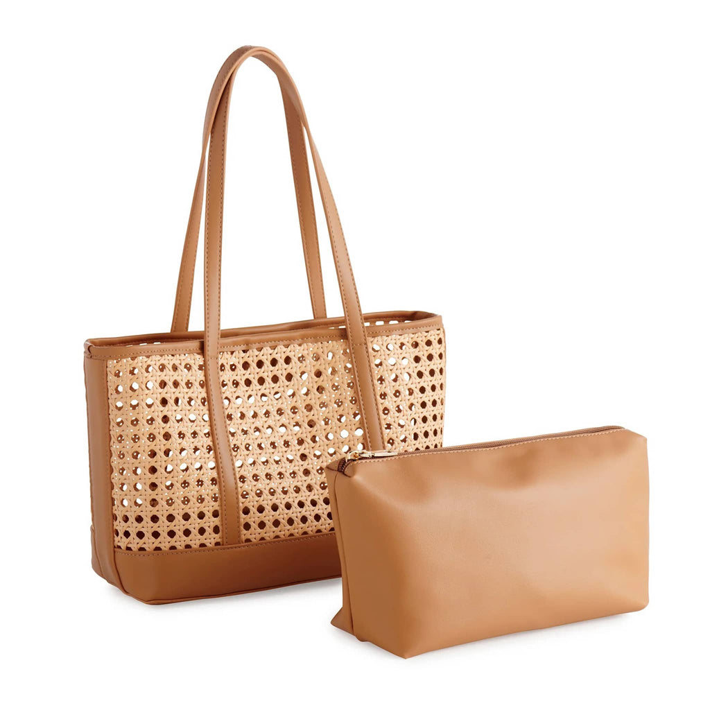 Shiraleah Soleil Mini Tote in Tan with matching faux leather zip pouch, front angle.