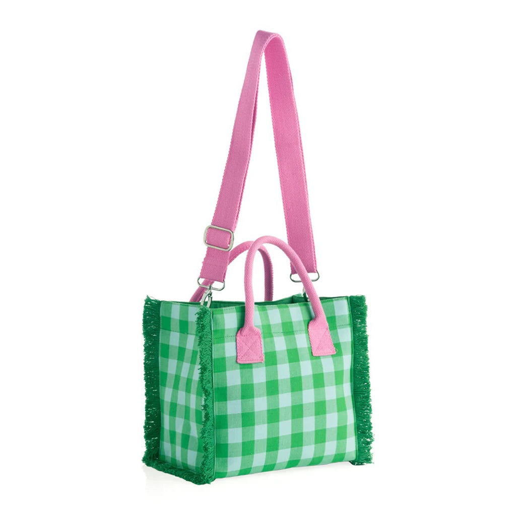 Shiraleah Anna Mini Tote in green gingham fabric with pink handles and detachable cross-body strap, front angle view.