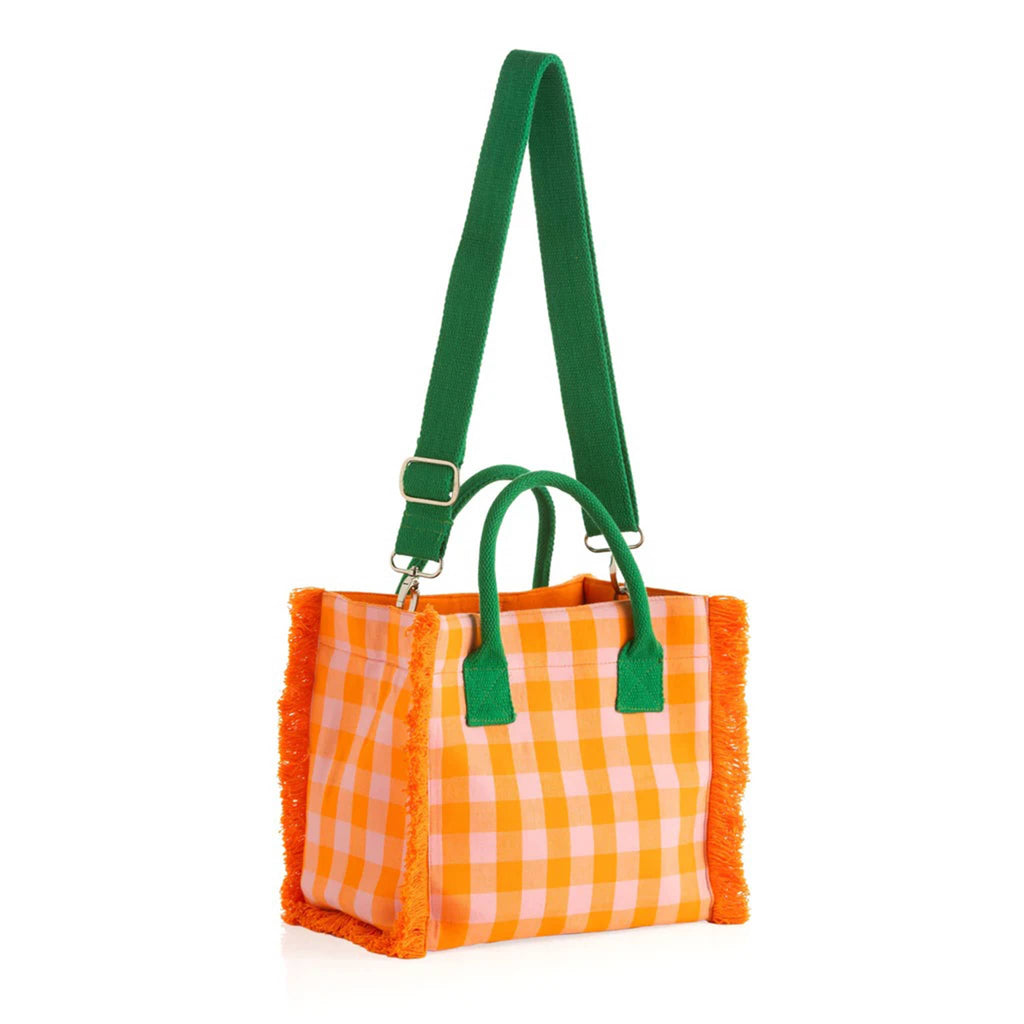 Shiraleah Anna Mini Tote in pink and orange gingham fabric with green handles and detachable cross-body strap, front angle view.