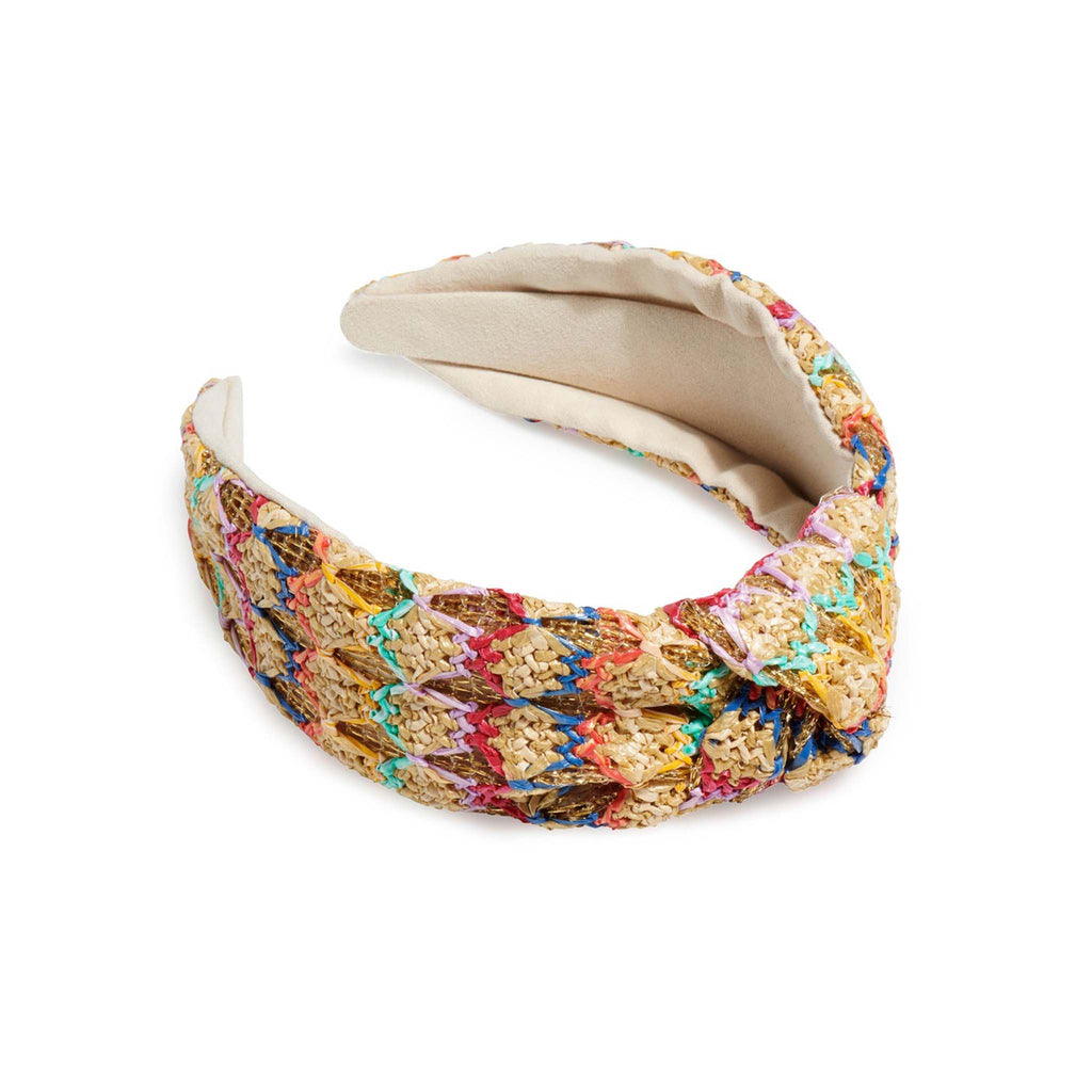Shiraleah paper straw knotted headband multi, lying down.