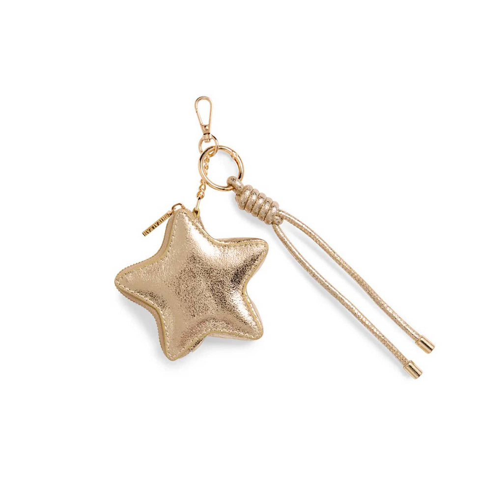 Gold star-shaped pouch with keychain and tassel on a white background.