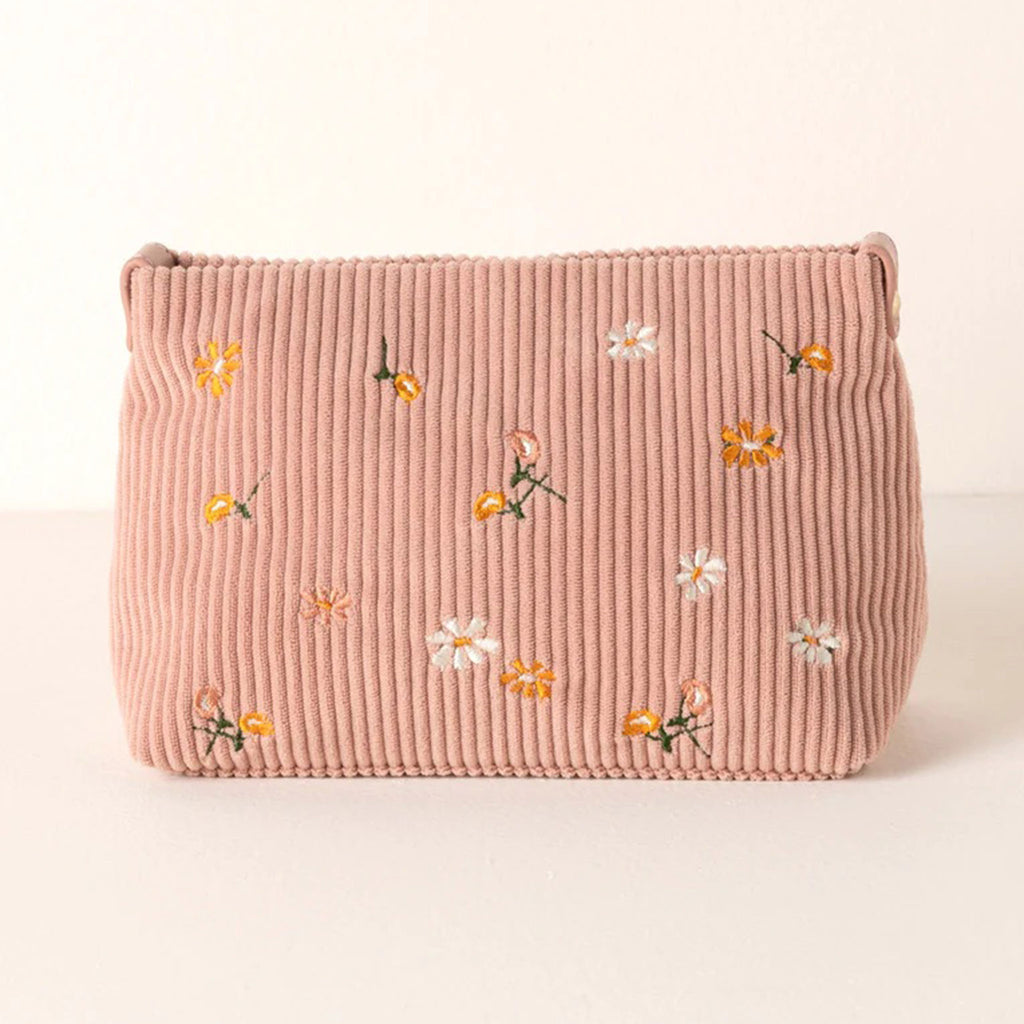 Shiraleah Roux Zip Pouch with blush pink ribbed fabric dotted with dainty floral embroidery, front view.