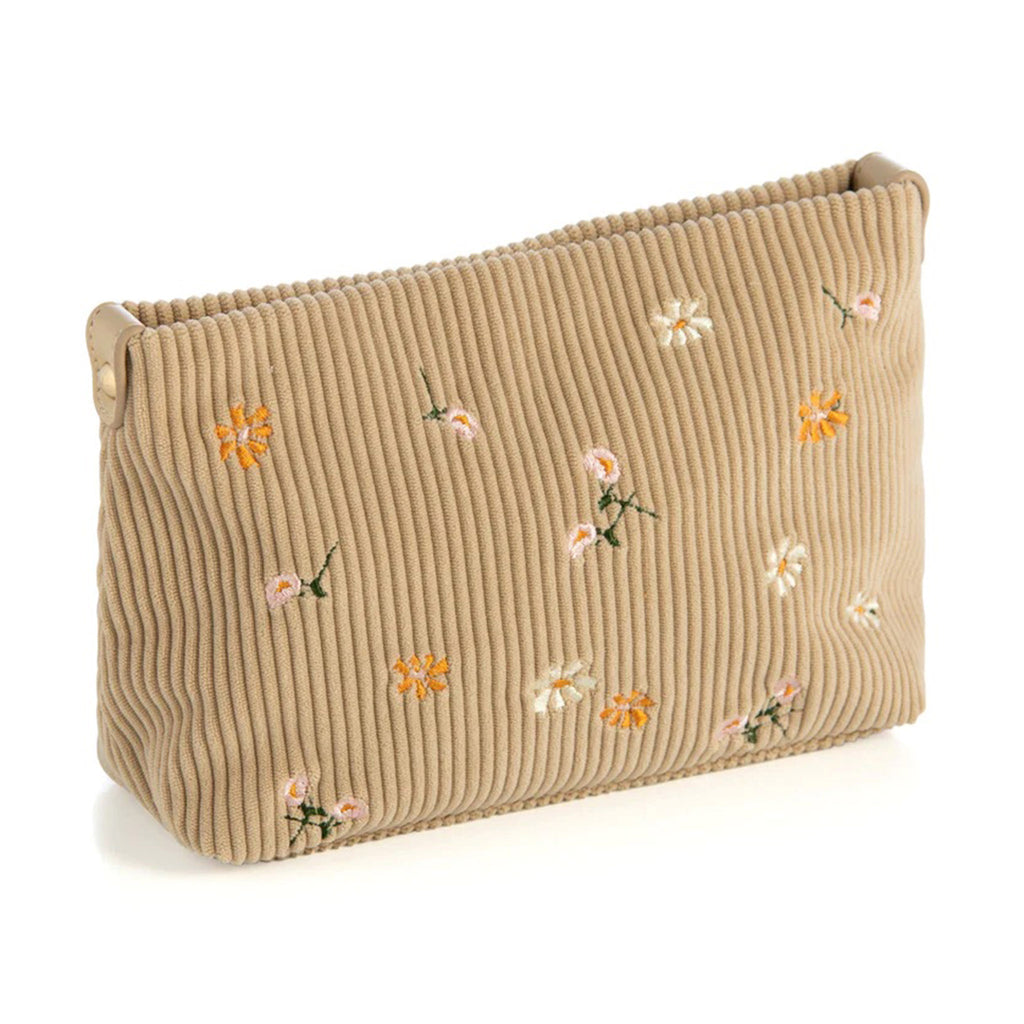 Shiraleah Roux Zip Pouch with tan ribbed fabric dotted with dainty floral embroidery, front and side angle.