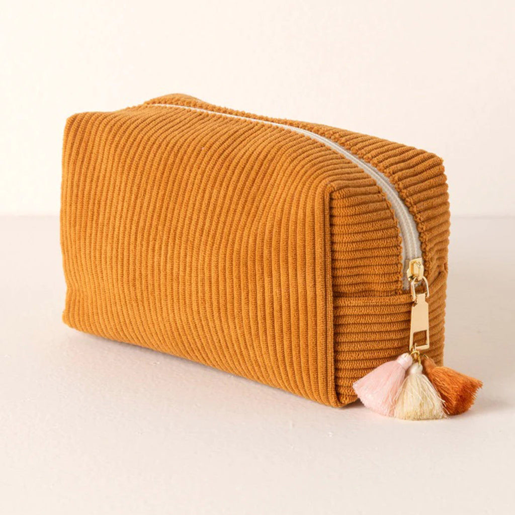 Shiraleah Roux Boxy Zip Pouch with sunflower gold ribbed fabric and gold tone zip pull with pink, cream and rust tassels, back and side angle.