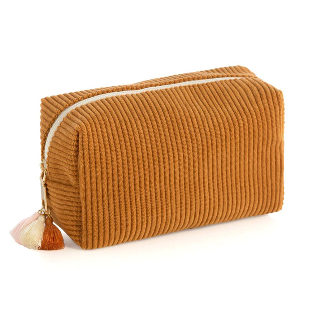 Shiraleah Roux Boxy Zip Pouch with sunflower gold ribbed fabric and gold tone zip pull with pink, cream and rust tassels, front and side angle.