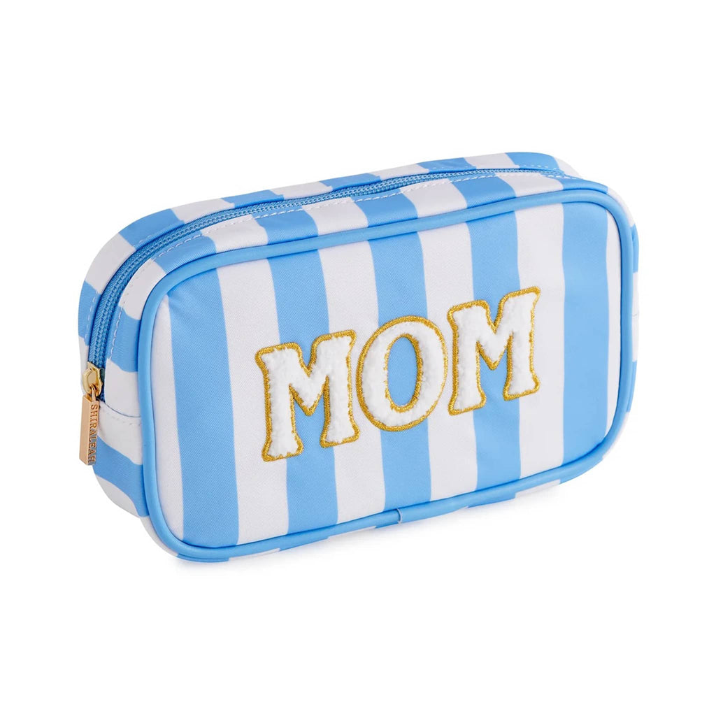 Shiraleah blue and white striped zip pouch with "Mom" on the front in chenille letters.