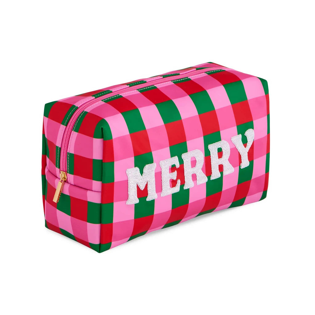 Rectangular pouch with red, green, and pink plaid pattern and 'MERRY' text in white, on a white background.