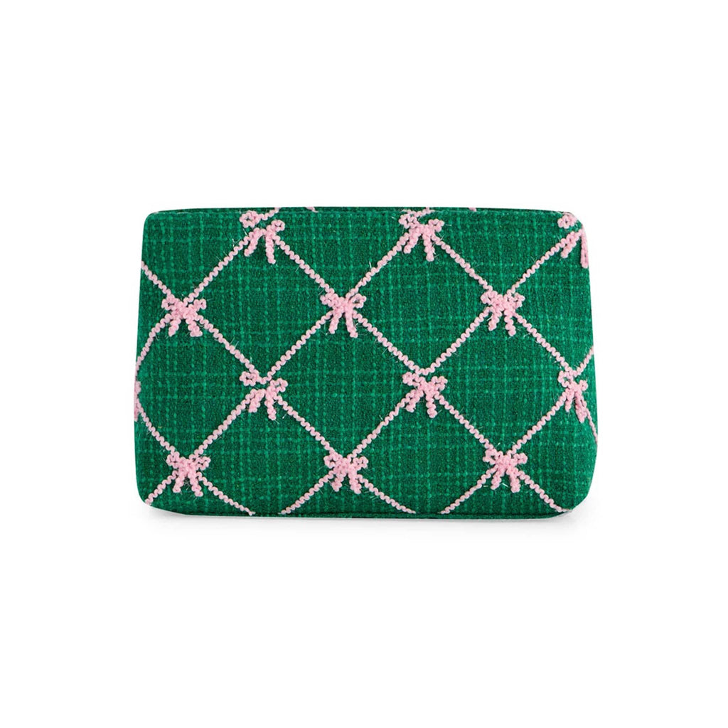 Green clutch with pink bow pattern on a white background.
