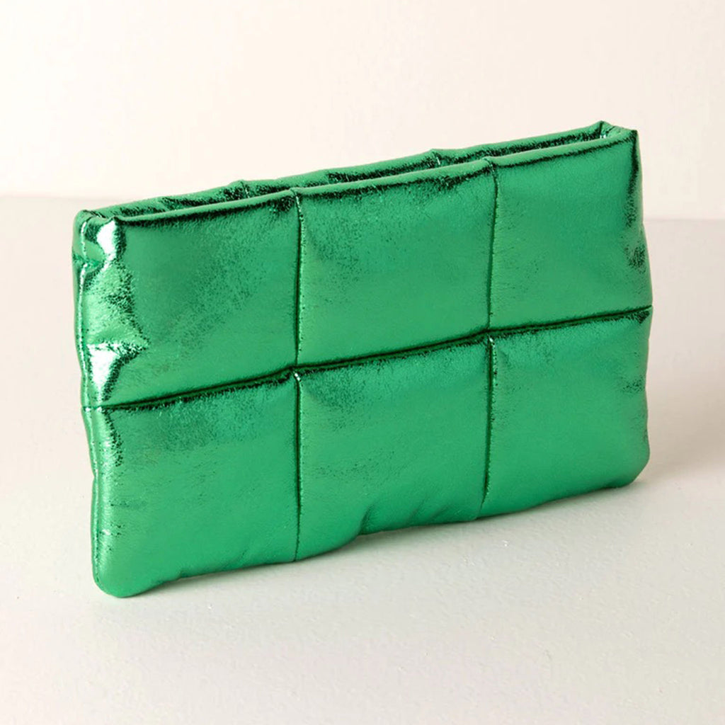 Shiraleah Skyler puffy quilted metallic emerald green faux leather pouch with top zip, front and side angle.
