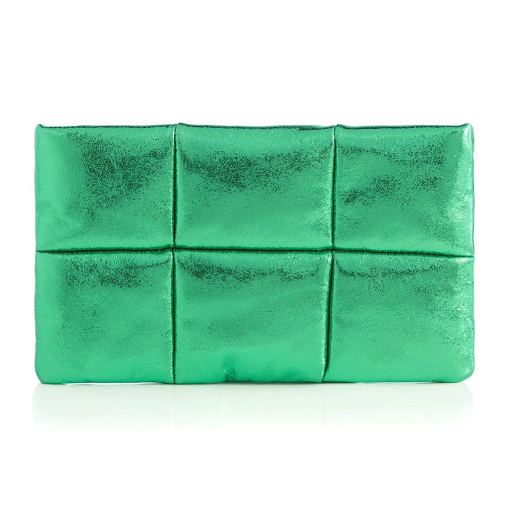 Shiraleah Skyler puffy quilted metallic emerald green faux leather pouch with top zip, front view.