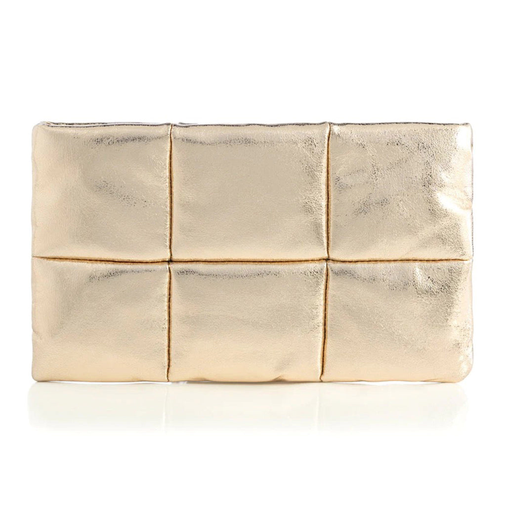 Shiraleah Skyler puffy quilted metallic gold faux leather pouch with top zip, front and side angle.