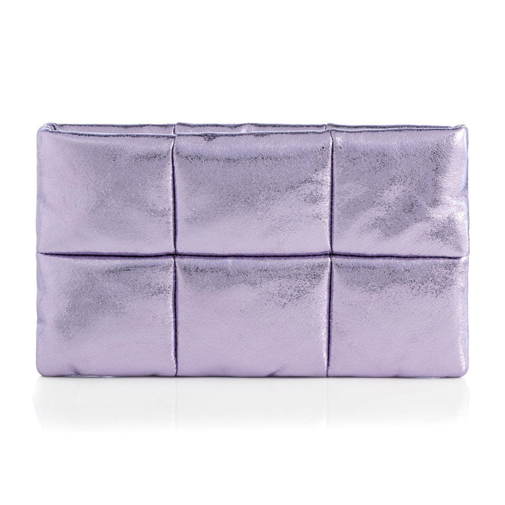 Shiraleah Skyler puffy quilted metallic lilac faux leather pouch with top zip, front view.