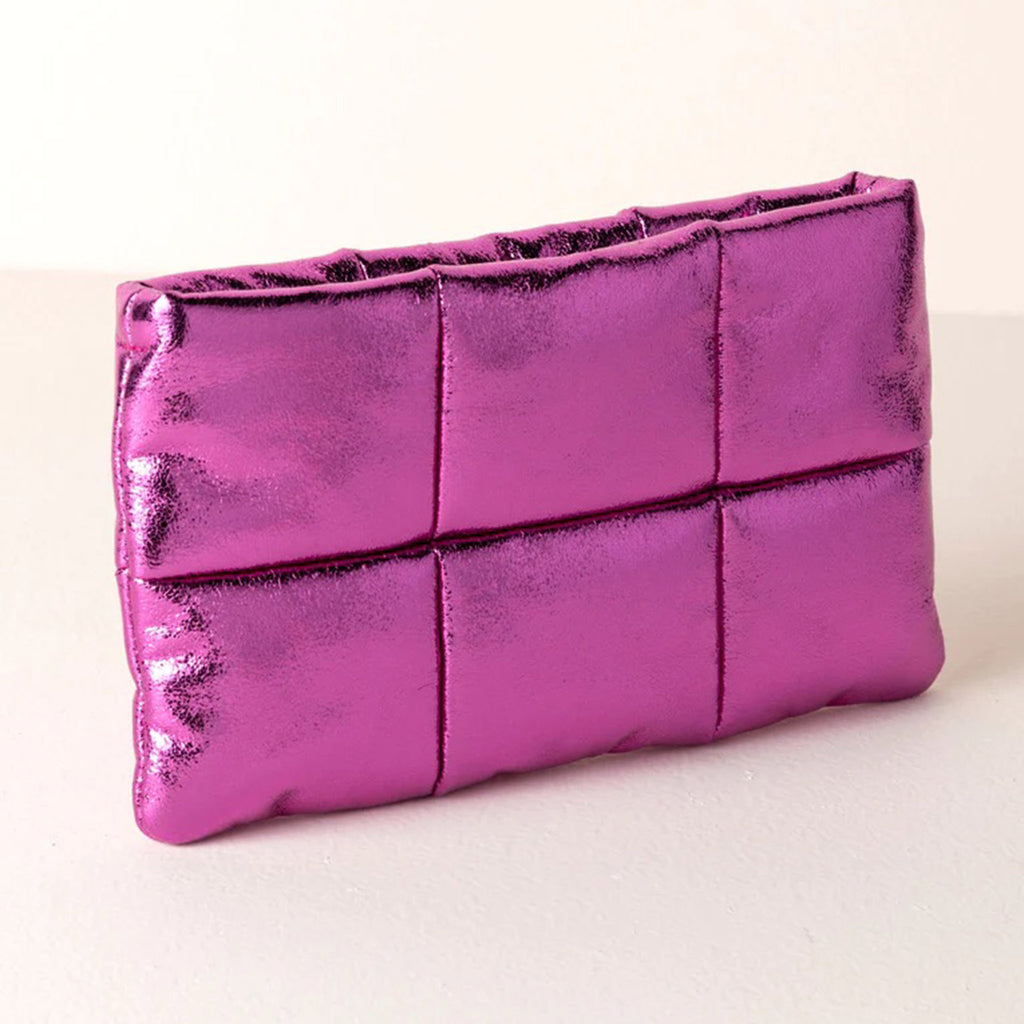 Shiraleah Skyler puffy quilted metallic magenta faux leather pouch with top zip, front and side angle.