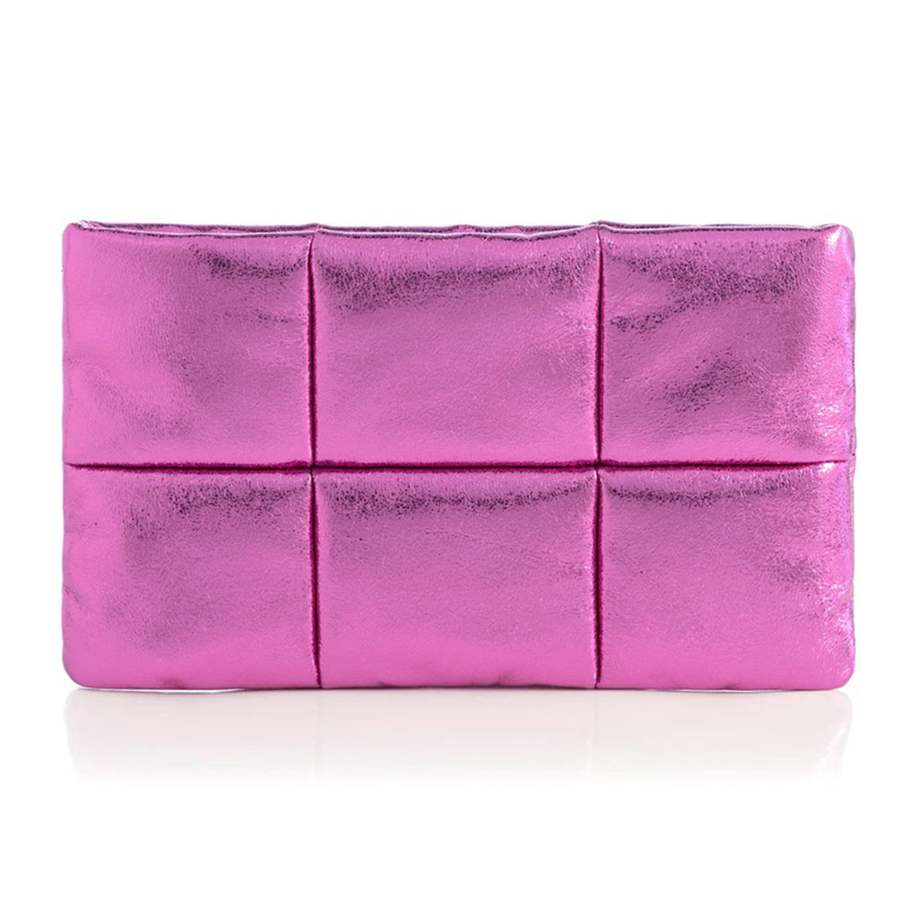 Shiraleah Skyler puffy quilted metallic magenta faux leather pouch with top zip, front view.