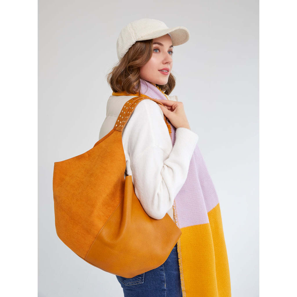 Shiraleah Ryker Tote Bag in Honey on model's shoulder.